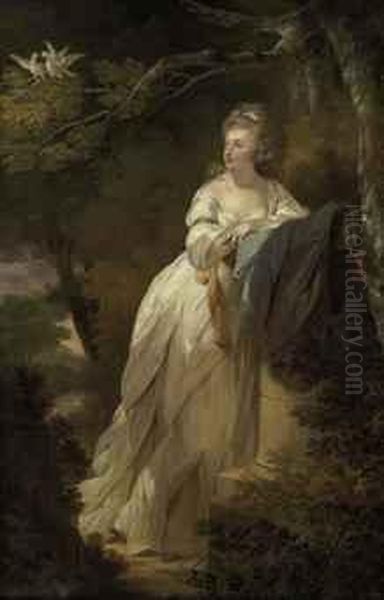 Portrait Of A Lady, Full-length, In A White Dress, Leaning On Apedestal By A Tree With Two Doves Oil Painting by Ozias Humphrey