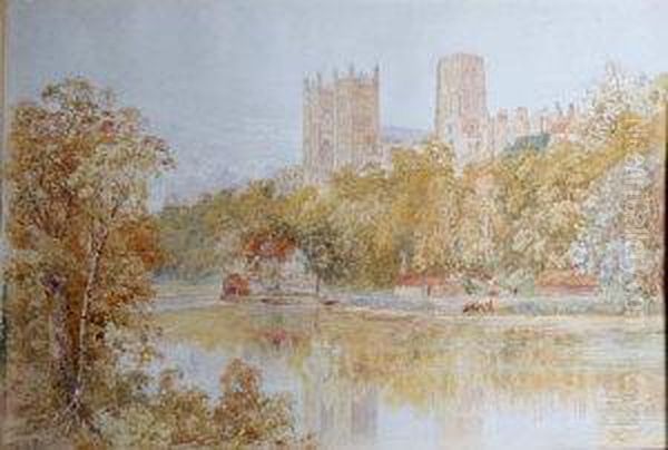 Cattle At The Riverbank Below Durham Cathedral Oil Painting by Thomas H. Hunn