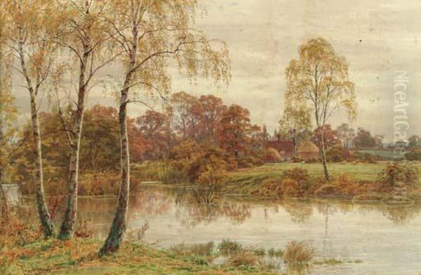 Silver Birch Trees Beside A River With A Cottage In Thedistance by Thomas H. Hunn