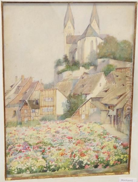 Continental Town With Flower Garden To The Foreground Oil Painting by Thomas Hunt