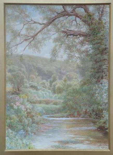 The River Mole At The Bottom Of Box Hill And The Old Water Wheel On The River, 
Near Leatherhead Oil Painting by Thomas Hunt