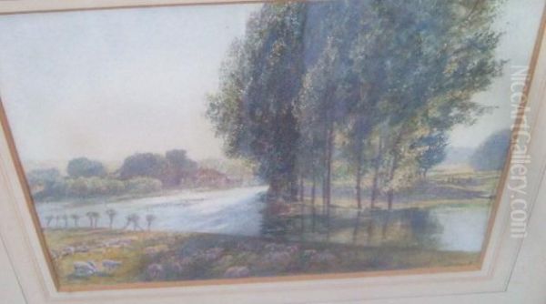 Sheepgrazing Near A Sunlit River Oil Painting by Alfred William Hunt