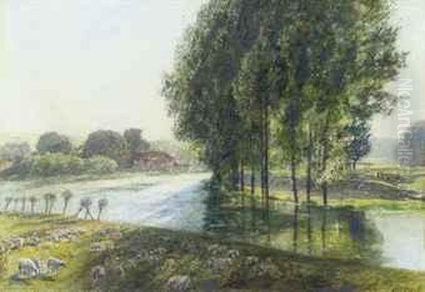 Sheeping Grazing By A River On A Sunlit Afternoon Oil Painting by Alfred William Hunt