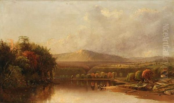 Autumn River Landscape With Cows Watering Oil Painting by Charles Day Hunt