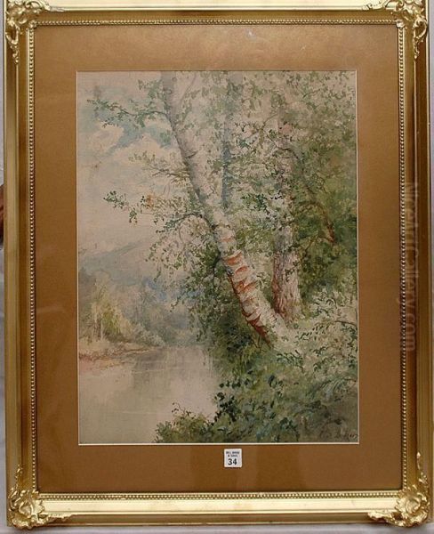 Trees On Ariver Bank Oil Painting by Charles Day Hunt