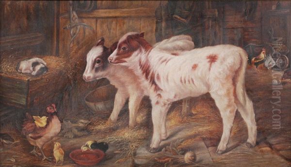 Calves And Poultry In A Barn Oil Painting by Edgar Hunt