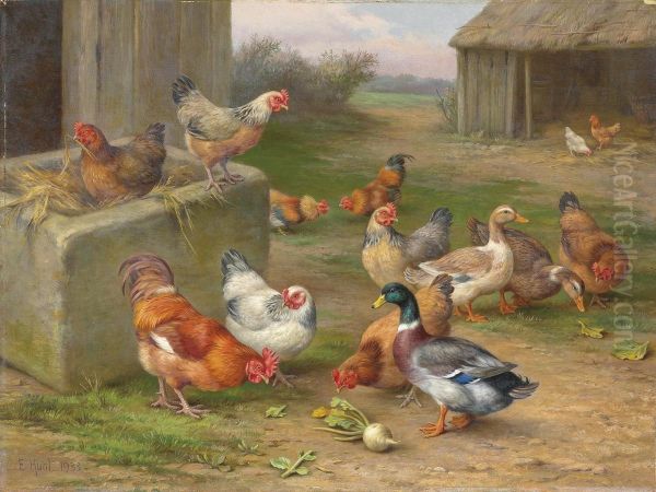 Chickens, Ducks And A Mallard In A Farmyard Oil Painting by Edgar Hunt