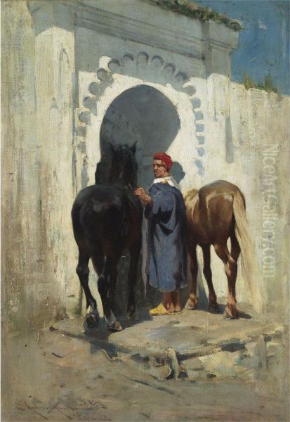 Horseman At The City Gate, Tangier Oil Painting by Edward Aubrey Hunt