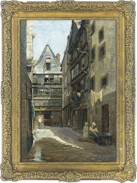 Figures In A Continental Street Oil Painting by Edward Aubrey Hunt