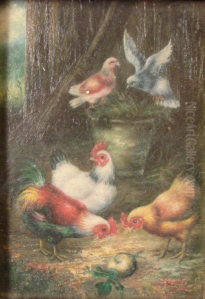 Pigeons And Domestic Fowl In A Farmyard Oil Painting by L. Hunt