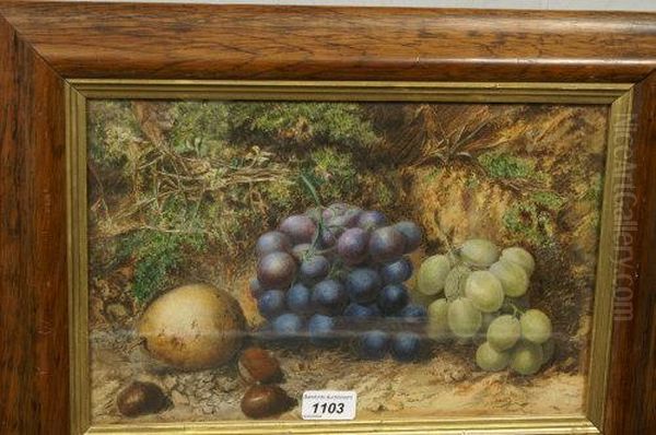 Still Life Of Grapes, Chestnuts And Pear, On A Mossy Bank Oil Painting by L. Hunt