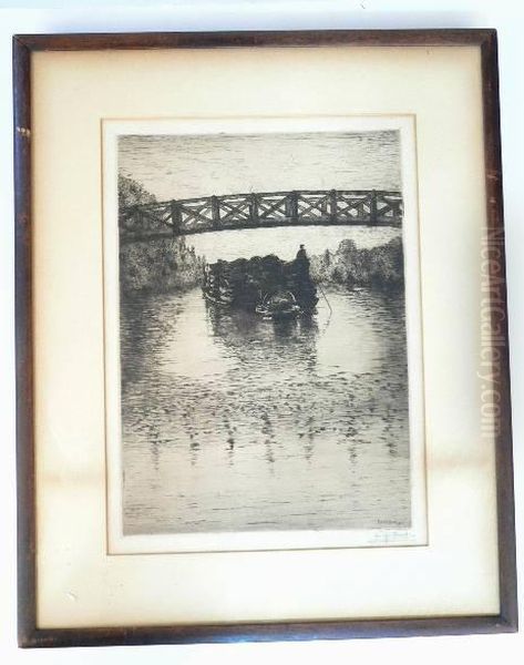 Depicting A Barge Traveling Under A Footbridge Oil Painting by Leigh Harrison Hunt