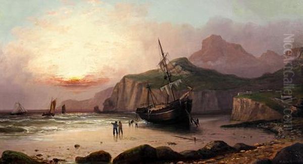 Shore Scene With Beached Fishing Boat And Fishermen Oil Painting by Millson Hunt