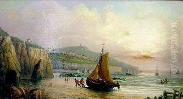 Fishermen On A Sore With A Harbour And
Cliff Tops Beyond Oil Painting by Millson Hunt