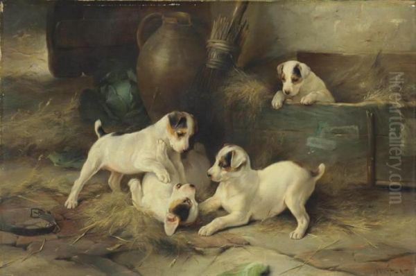 Four Puppies At Play Oil Painting by Walter Hunt