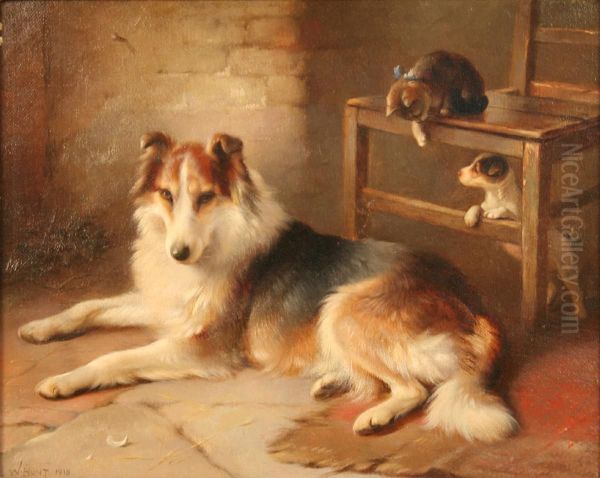 Cottage Interior With A Recumbent Rough Collie Beside A Puppy And A Kitten Playing On A Chair Oil Painting by Walter Hunt