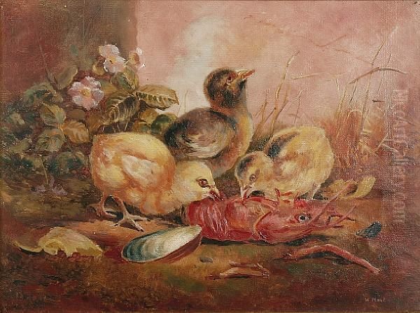 Chicks Meal Time; And Another Similar Oil Painting by W.H. Hunt