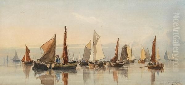 'shrimp Boats Becalmed, Yarm'th Roads, Sunrise' Oil Painting by W.H. Hunt