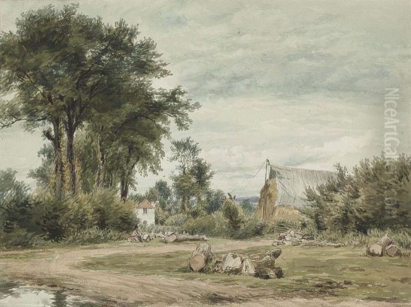 A Wooded Landscape With A Covered Hayrick, A Farmhouse Oil Painting by William Henry Hunt