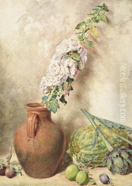 Hollyhock In An Earthenware Pot With Marrow, Artichoke, Plums And Apples Oil Painting by William Henry Hunt