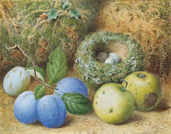 Plums, Apples And A Bird's Nest On A Mossy Bank Oil Painting by William Henry Hunt