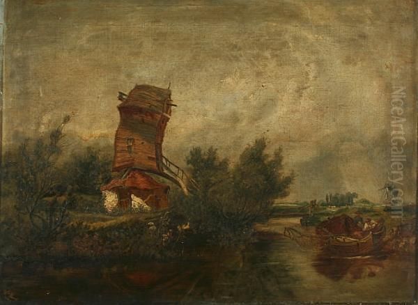 River Landscape With Men In A Boat By A Mill Oil Painting by William Howes Hunt