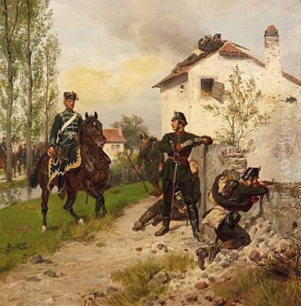 Prussian Hunter With A Mounted Hussar Oil Painting by Emil Hunten