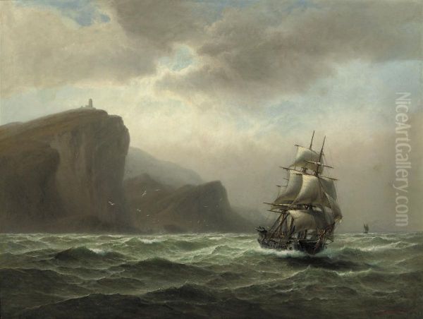 A Three-master By A Rocky Coast Oil Painting by Franz Johann (Wilhelm) Hunten