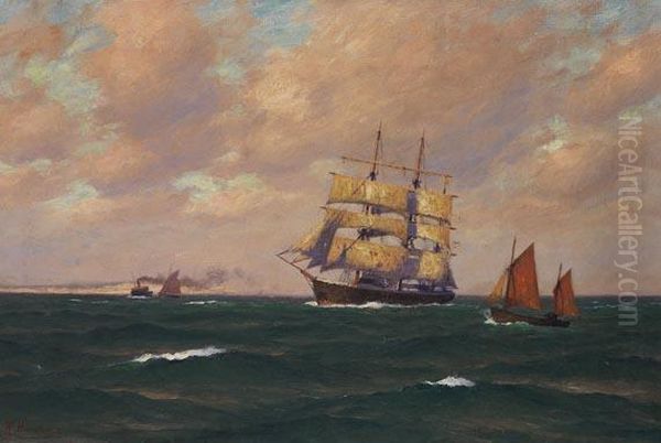 Eine Brigg Undfischerboote Auf Hoher See Oil Painting by Richard Hunten