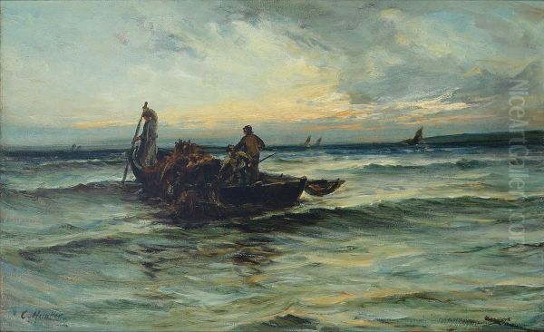 Hauling In The Nets At Sunset Oil Painting by Colin Hunter