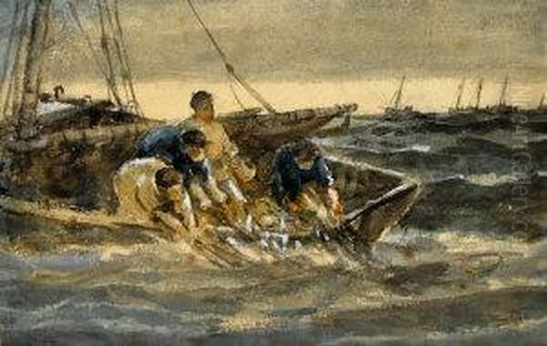 Fishing Boats In Rough Sea Oil Painting by Colin Hunter