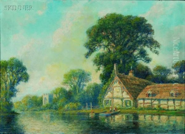 Cottage On The River Bank Oil Painting by Frederick Leo Hunter