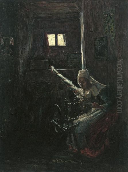 The Spinning Wheel, Brittany Oil Painting by George Sherwood Hunter