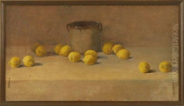 Still Life With Stoneware Crock And Lemons Oil Painting by Isabel Hunter