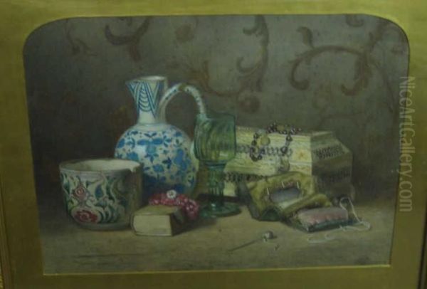 Still Life With Pincushion, 
Pottery, 
Rosary, 
And Glass Oil Painting by Kate Hunter