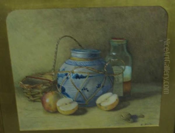 Still Life With Apples, 
Pottery And Wickerbasket Oil Painting by Kate Hunter