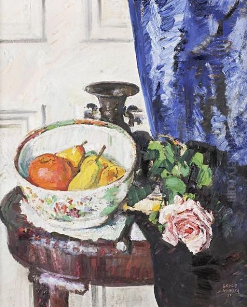 Pink Rose And Fruit Oil Painting by George Leslie Hunter