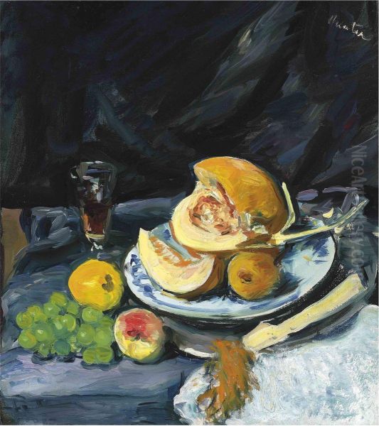 Still Life With Cut Melon, Glass And Fan Oil Painting by George Leslie Hunter