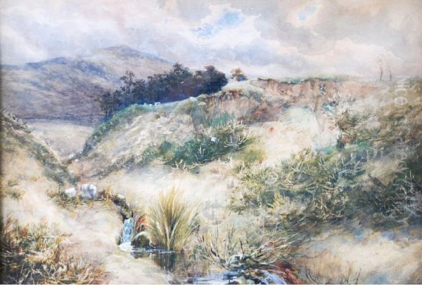 Hilly Landscape With Sheep Grazing Oil Painting by Mason Hunter