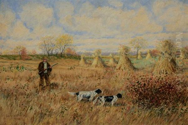 Hunter With Dogs On Point Oil Painting by Dwight W. Huntington