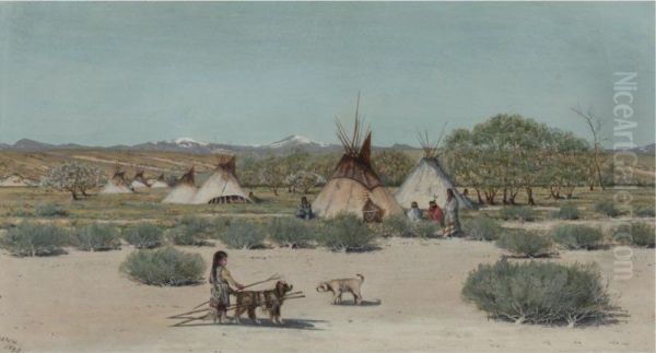 The Young Dog Trainer, Sioux Indian Encampment Oil Painting by Dwight W. Huntington