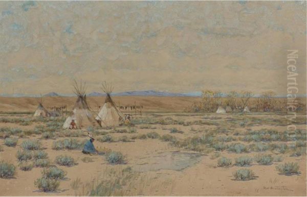 Sioux Indian Encampment Oil Painting by Dwight W. Huntington