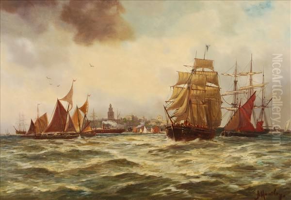 Vessels Off The Coast Oil Painting by H. Huntley