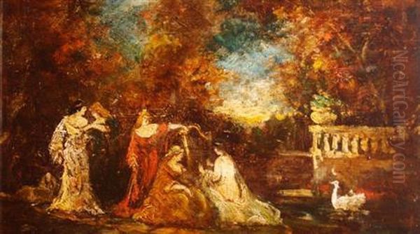 Ladies In A Garden Oil Painting by Adolphe-Joseph Huot