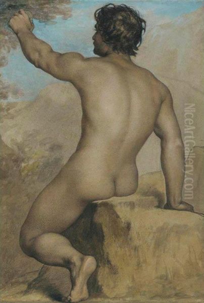 Seated Male Nude Seen From The Back, Study Of A Female Nude Seated, And Academic Male Nude: Three Works Oil Painting by Adolphe-Joseph Huot