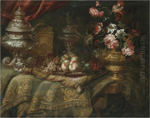 An Elaborate Still Life With Peaches, Grapes, Flowers In A Bronzeurn, A Fine Silver Tureen, All Arranged On A Table Draped With Anembroidered Carpet And Cushion Oil Painting by Jacques Hupin