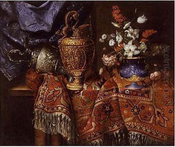 A Still Life Of A Vase Of Flowers And Ornate Urns All Resting On A Table Draped With A Carpet Oil Painting by Jacques Hupin