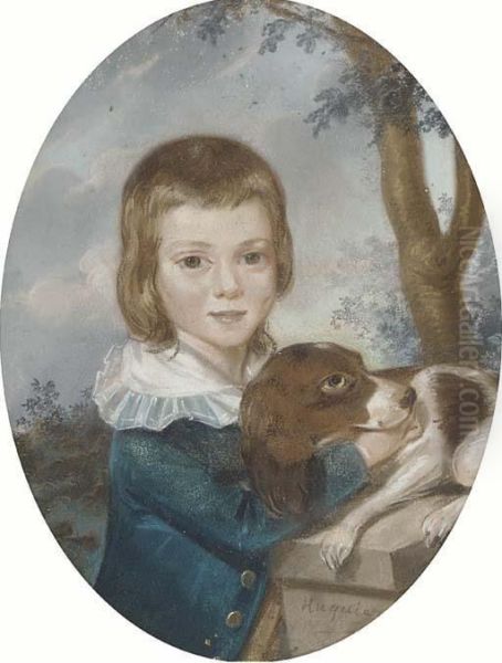 Portrait Of A Boy, Small Half-length, In A Blue Coat With Whitecollar, Standing By A Pillar, His Spaniel At His Side Oil Painting by Gabriel Huquier