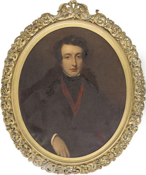 Portrait Of Edward Conroy (1809-1827), Half-length, In A Black Coatand Red Scarf Oil Painting by Frederick Yeates Hurlstone