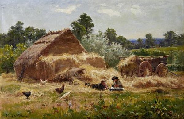 A Straw Yard, Surrey Oil Painting by Louis Bosworth Hurt